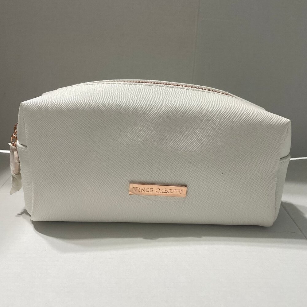 NWOT Vince Camuto Cosmetic / Travel Bag White w/ Rose Gold Accents Pink Interior